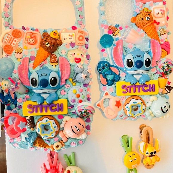 Handmade Stitch Blue Decoden custom Phone Case with Pastel Charms handmade - Picture 5 of 11